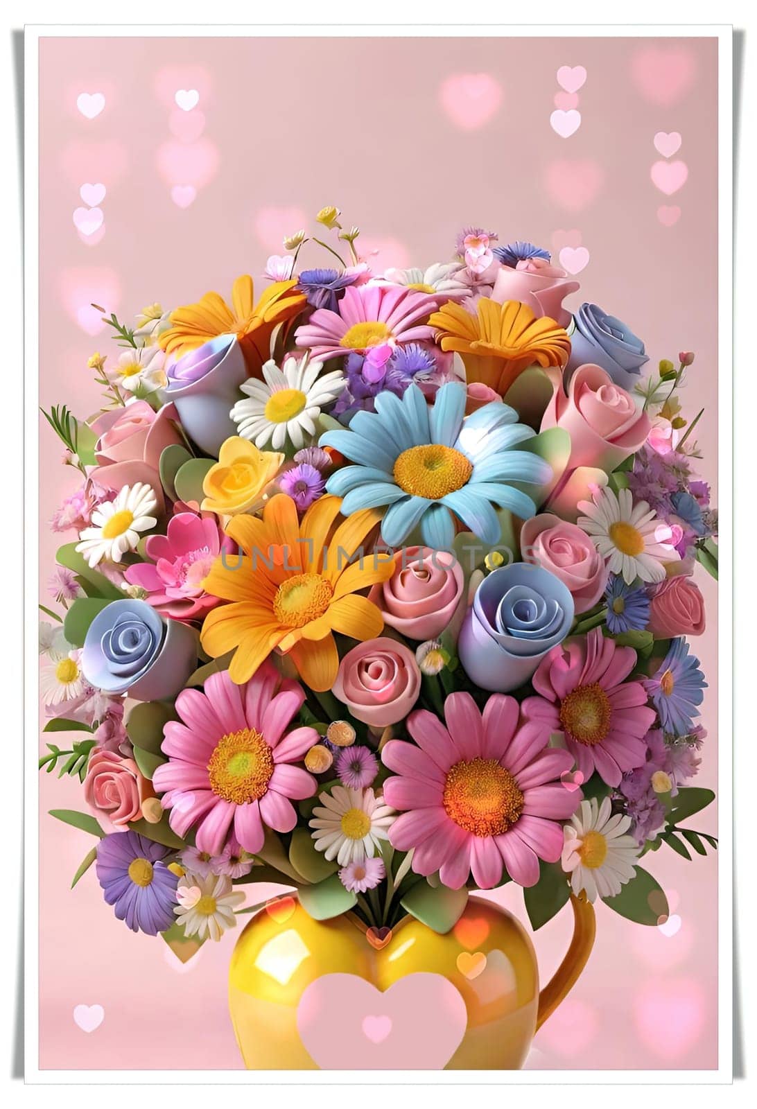 Colorful bouquet of flowers in a vase on background.Bouquet of colorful flowers in a vase with a heart.Bouquet of colorful flowers with a heart on a background.Bouquet of colorful flowers with heart shaped frame on background.Valentines day card.