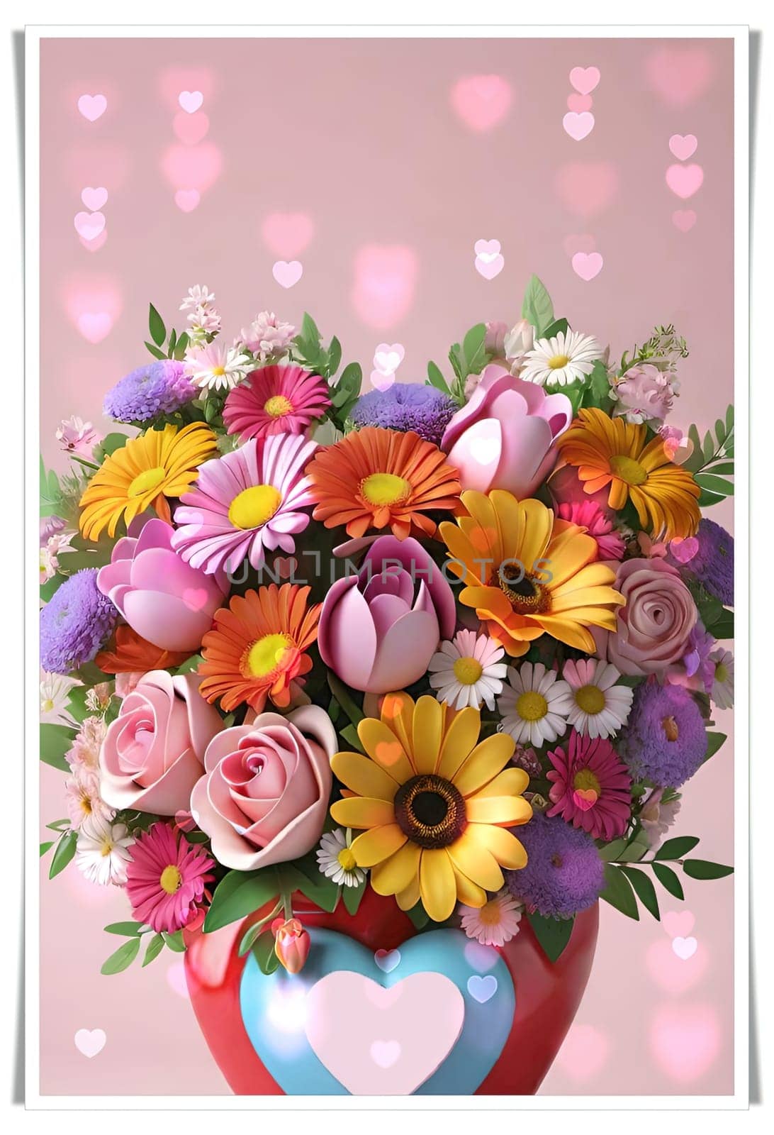 Colorful bouquet of flowers in a vase on background.Bouquet of colorful flowers in a vase with a heart.Bouquet of colorful flowers with a heart on a background.Bouquet of colorful flowers with heart shaped frame on background.Valentines day card.