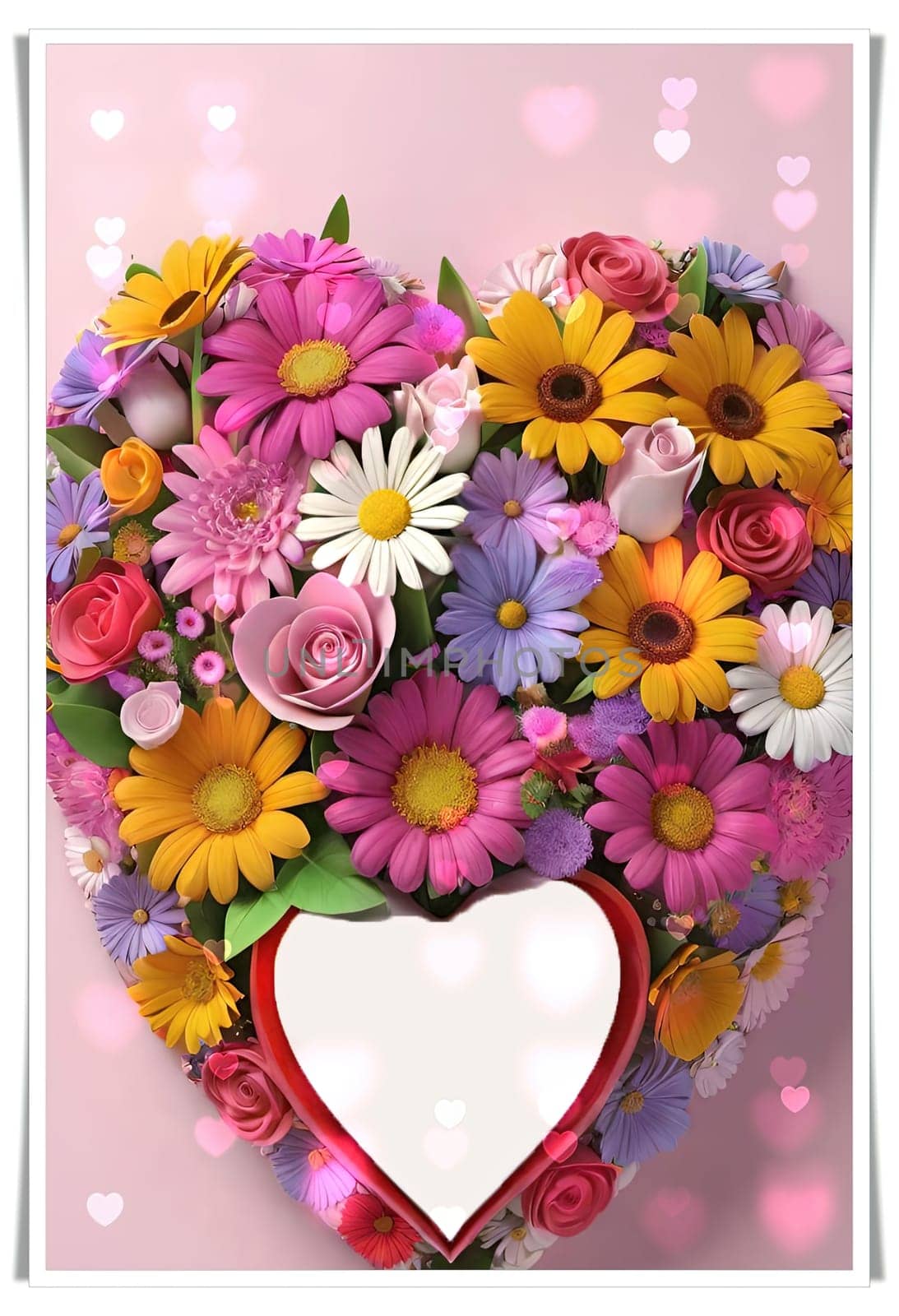 Colorful bouquet of flowers in a vase on background.Bouquet of colorful flowers in a vase with a heart.Bouquet of colorful flowers with a heart on a background.Bouquet of colorful flowers with heart shaped frame on background.Valentines day card.