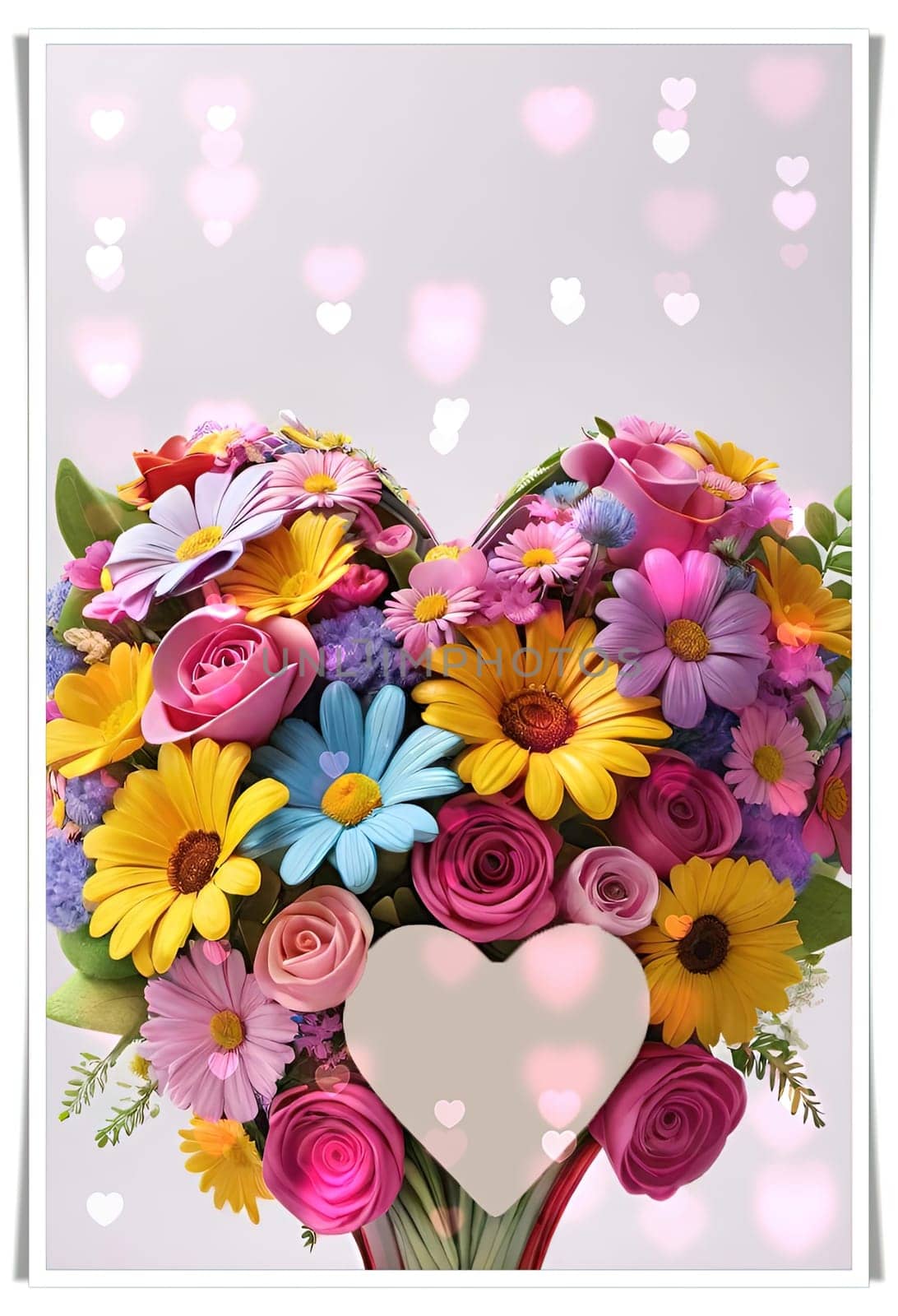 Colorful bouquet of flowers in a vase on background.Bouquet of colorful flowers in a vase with a heart.Bouquet of colorful flowers with a heart on a background.Bouquet of colorful flowers with heart shaped frame on background.Valentines day card.