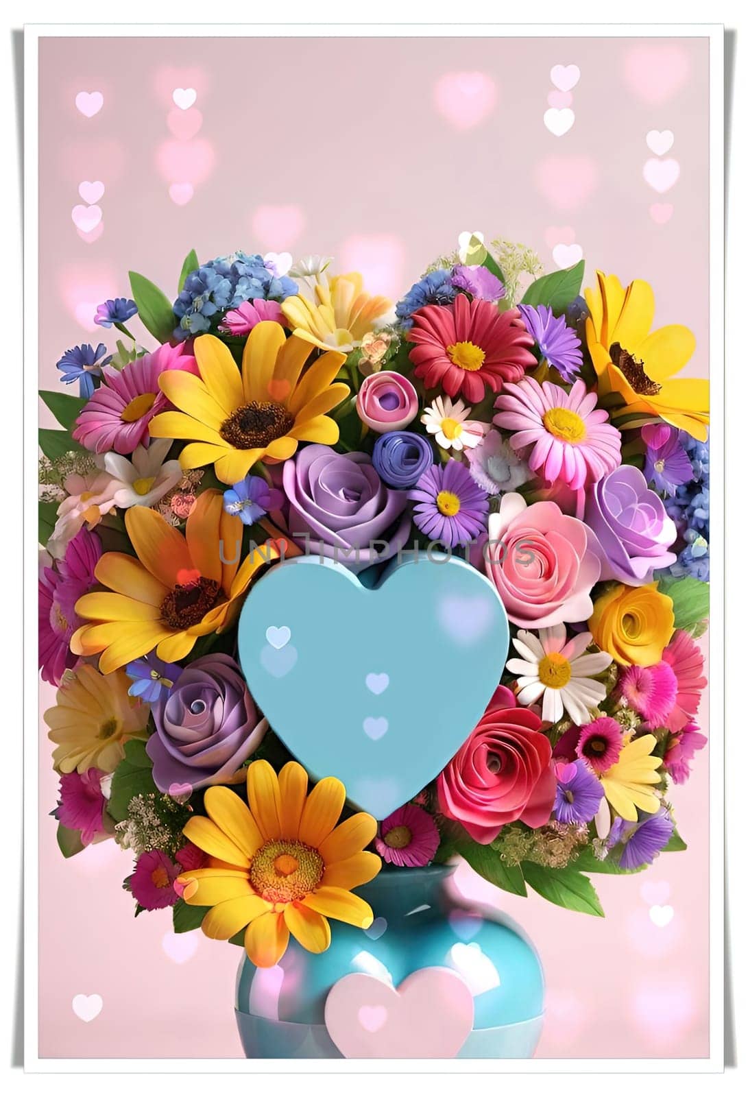 Bouquet of colorful flowers in a vase with a heart. by yilmazsavaskandag