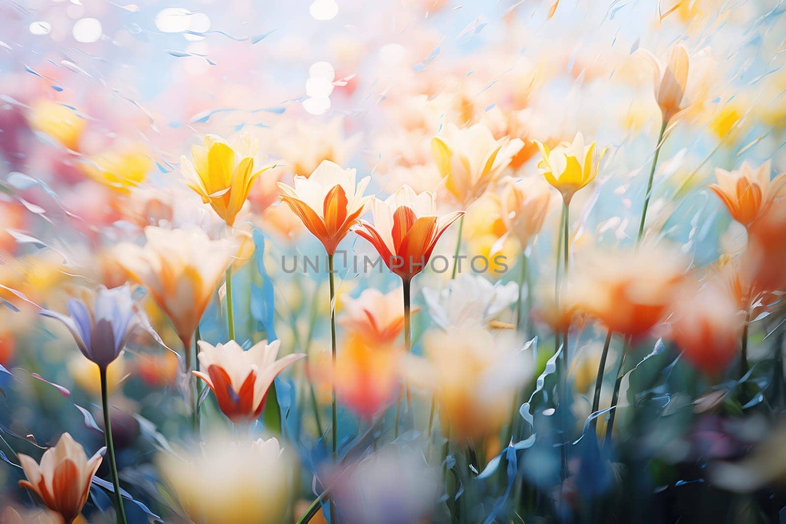 Blooming Tulips in a Colorful Spring Meadow: Captivating Beauty and Freshness, with Vibrant Red and Pink Floral Wonderland Against a Bright Green Background by Vichizh