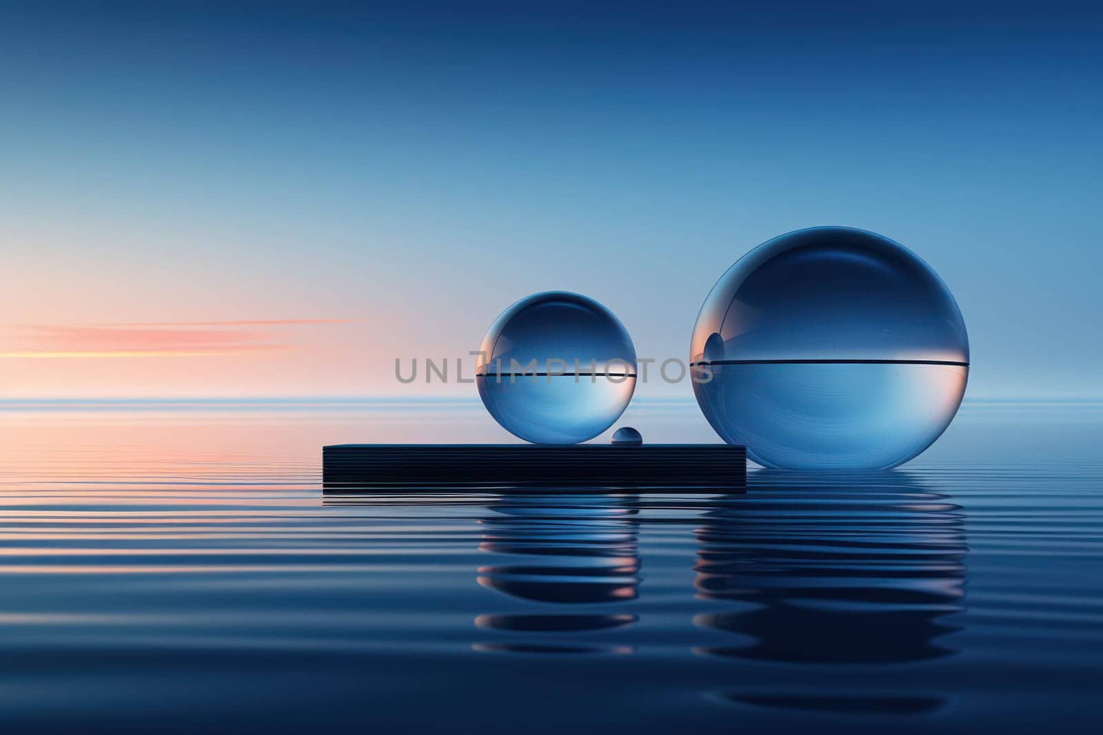 Crystal Sphere Floating on a Stunning Blue Water Landscape with a Reflective Abstract Sky