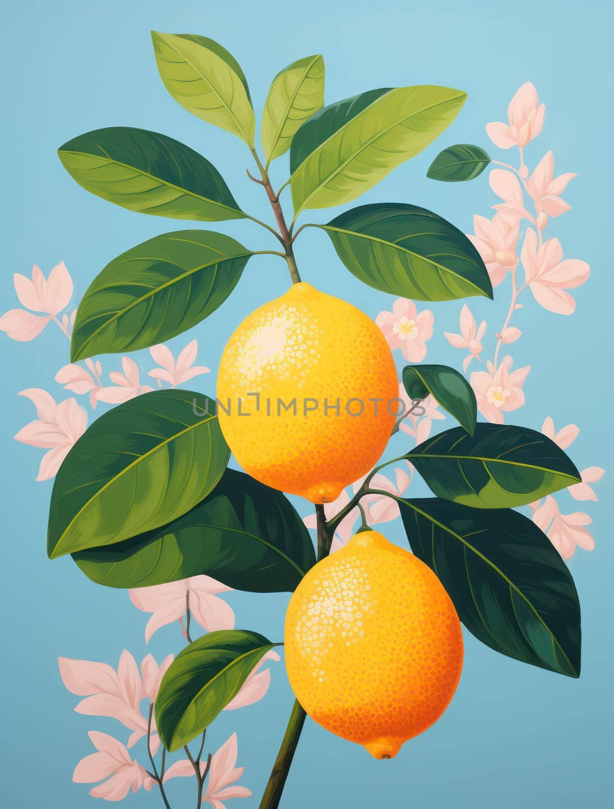 Intricate Citrus Harvest: Fresh Lemon Tree Branch with Yellow Fruits, Blossom, and Green Leaves on a Seamless Tropical Background by Vichizh
