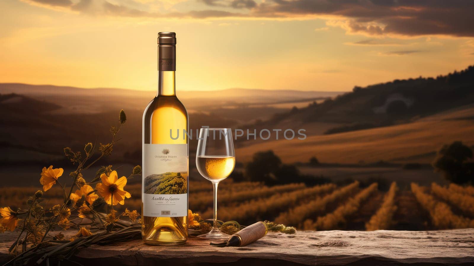 Romantic Wine Tasting in the Italian Countryside: A Still Life of Wine Bottles, Glasses, and Cheese, Surrounded by Lush Autumn Vineyards, with a Breathtaking Sunset over the Valley and Hills. by Vichizh