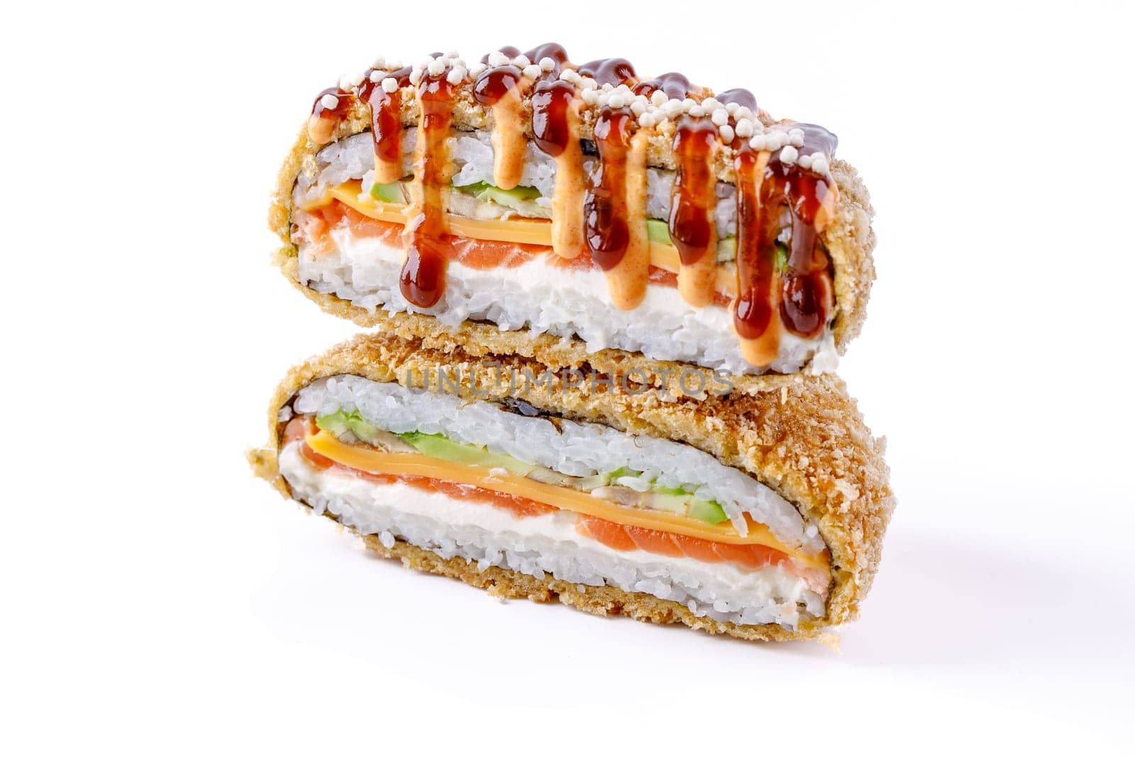 appetizing fresh sushi burgers on white background for food delivery site 7