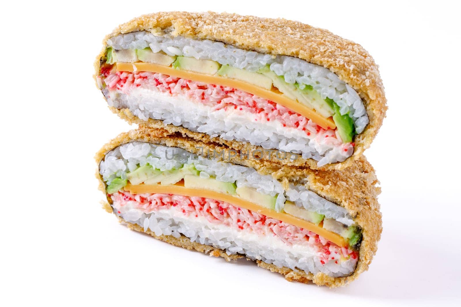 appetizing fresh sushi burgers on white background for food delivery site