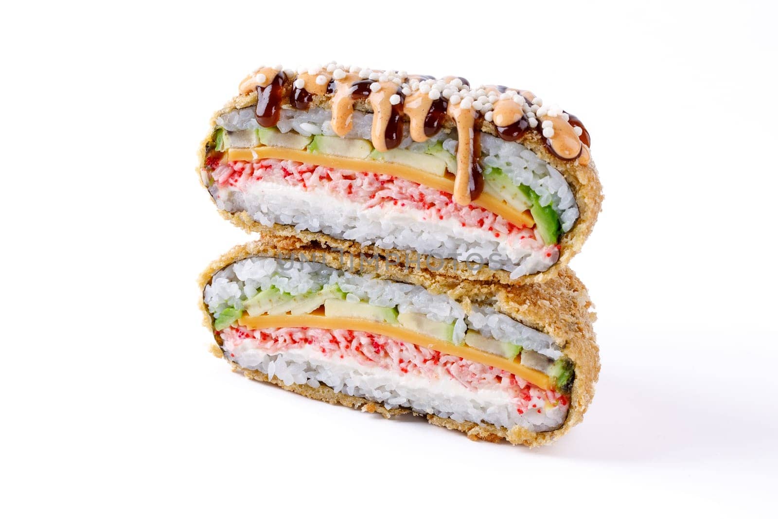 appetizing fresh sushi burgers on white background for food delivery site 2 by Mixa74