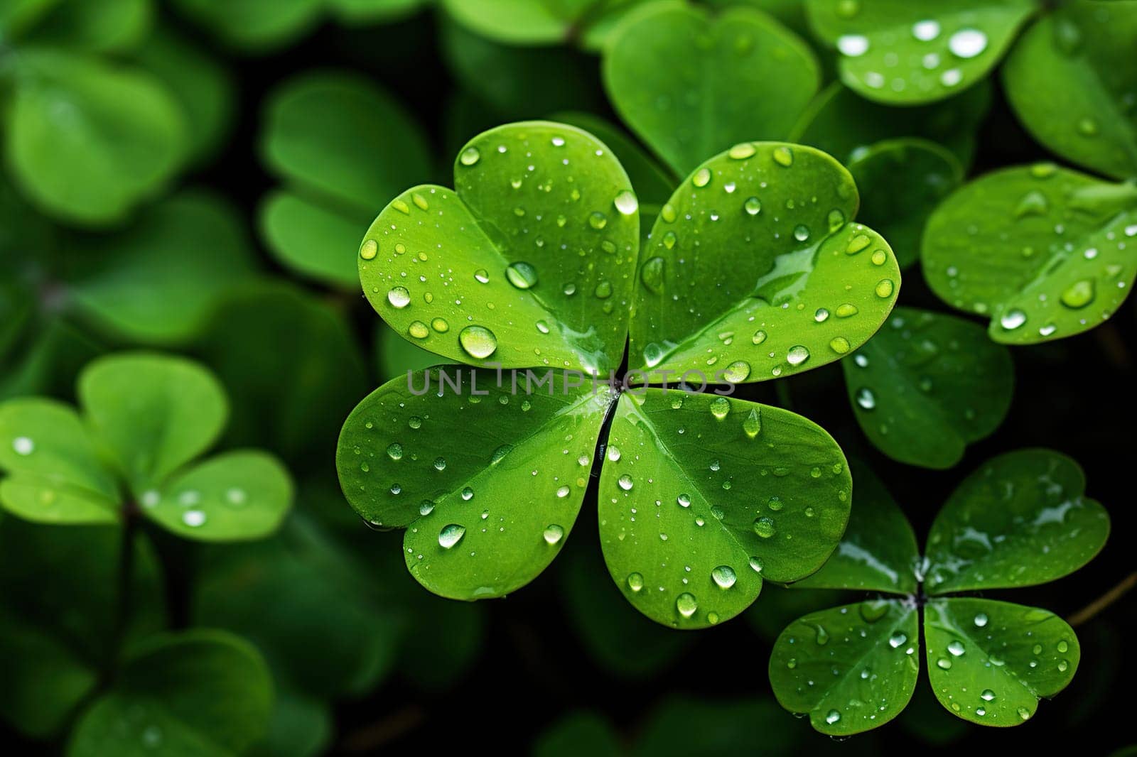 Four leaf clover with water drops. Green natural background. Generated by artificial intelligence by Vovmar