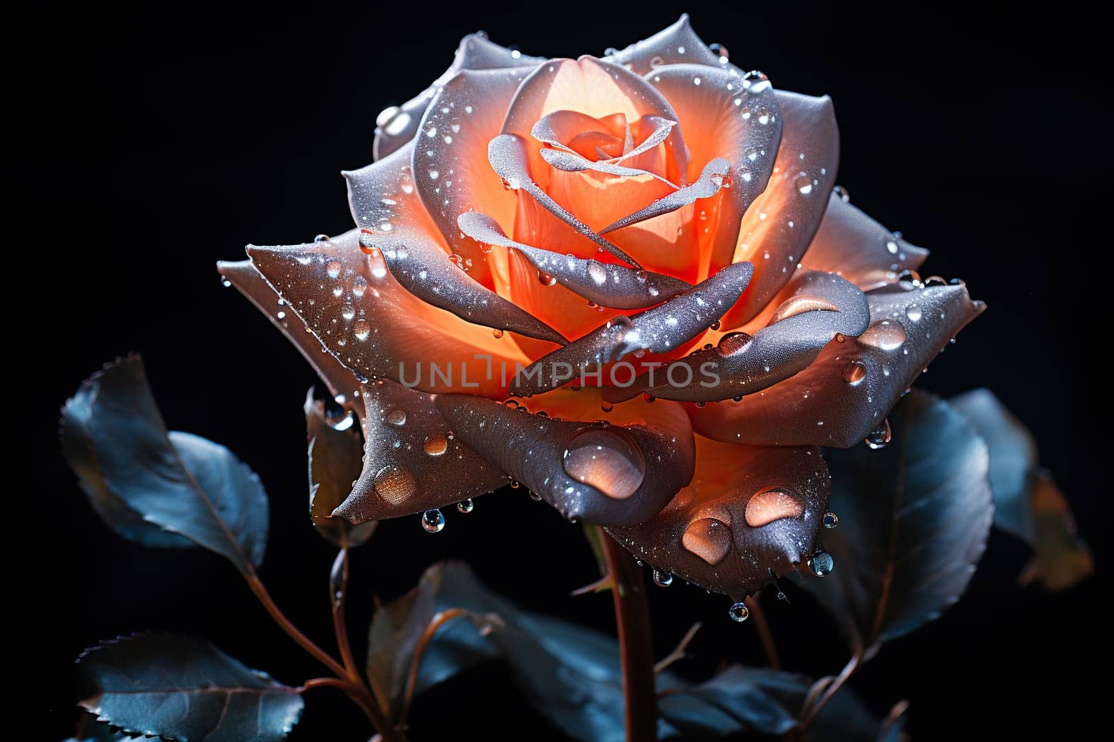 A beautiful rose with large drops of water on the petals in dramatic lighting.