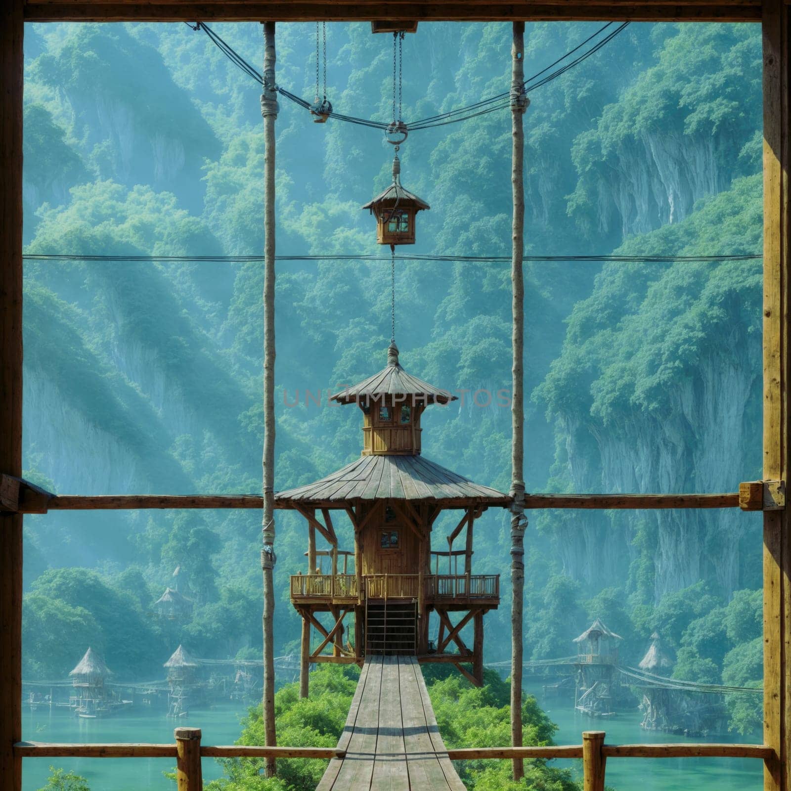 Wooden bridge over the river with a beautiful view from the window. AI generated