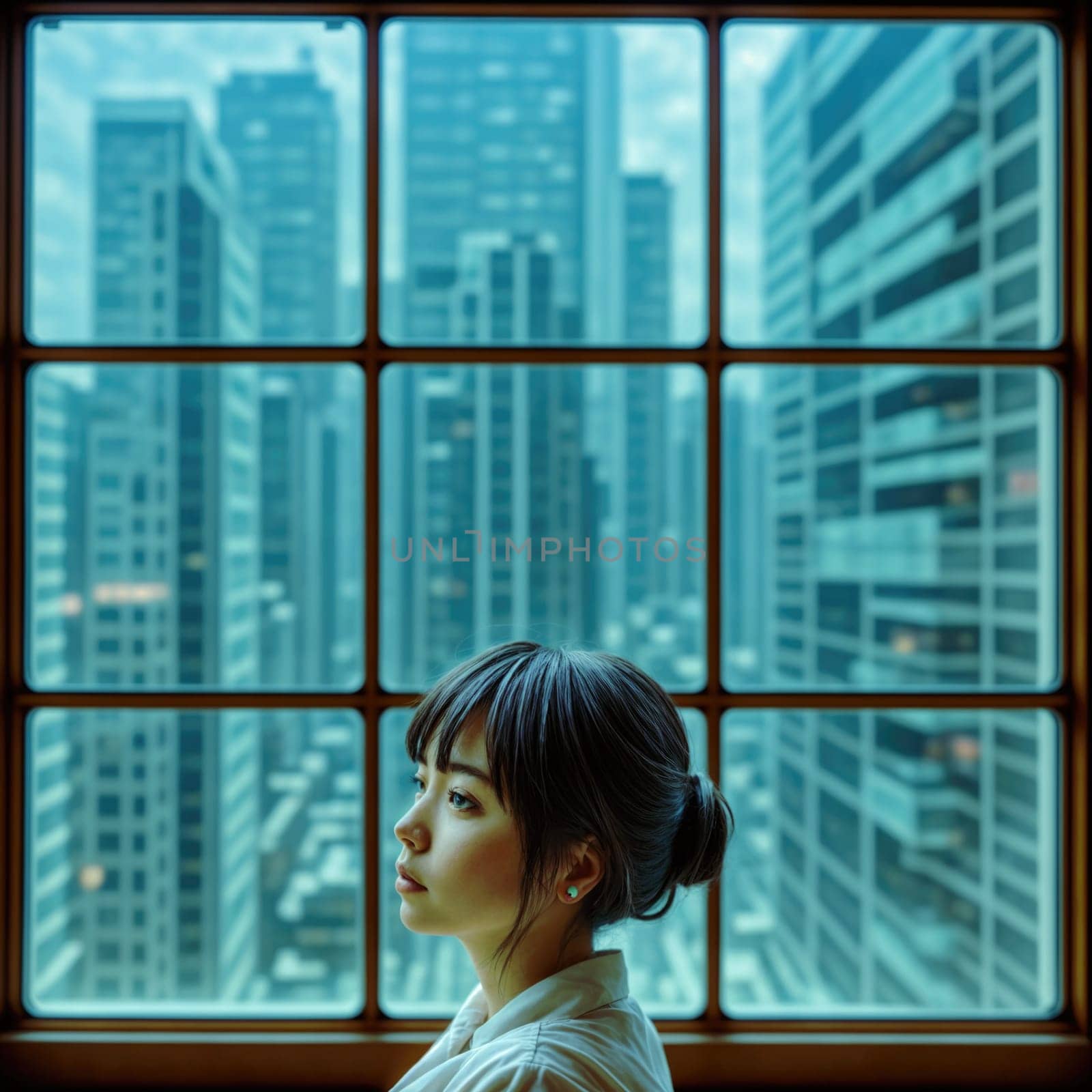 Asian woman looking through the window with cityscape in the background. AI generated