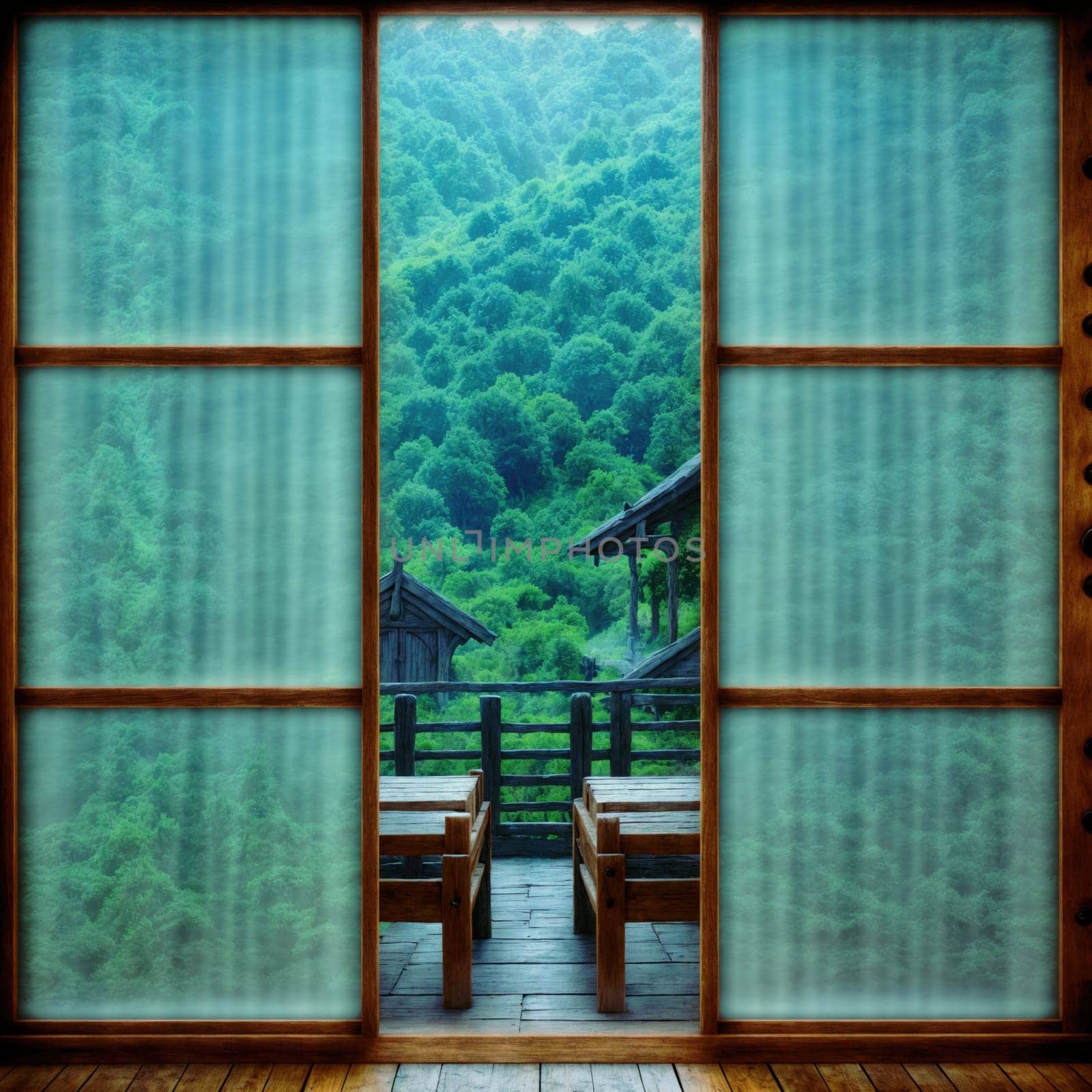 Beautiful view through the window of a wooden house. AI generated by vicnt