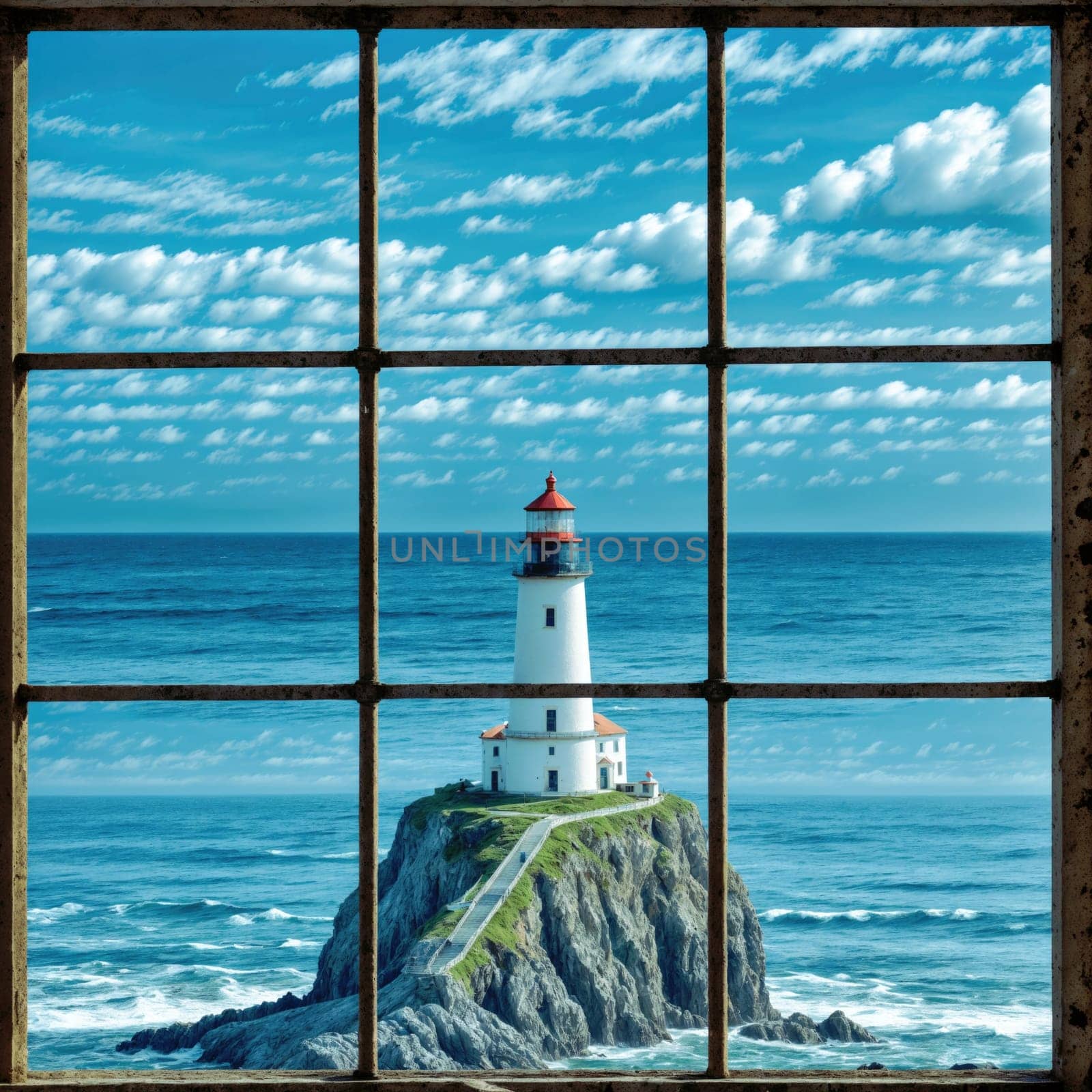 Lighthouse on the coast seen through the window. AI generated by vicnt