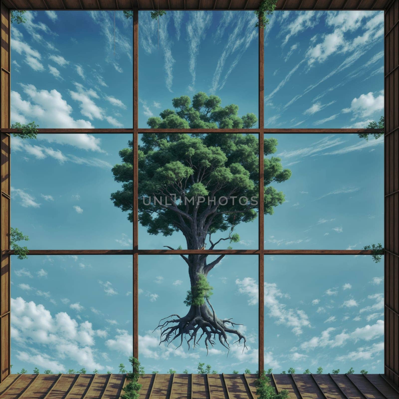 tree inside a window with a cloudy sky. AI generated
