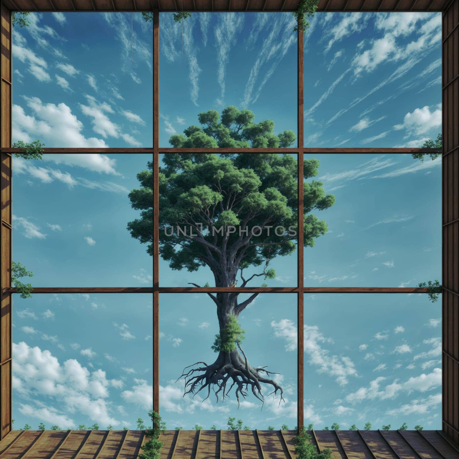 tree inside a window with a cloudy sky. AI by vicnt