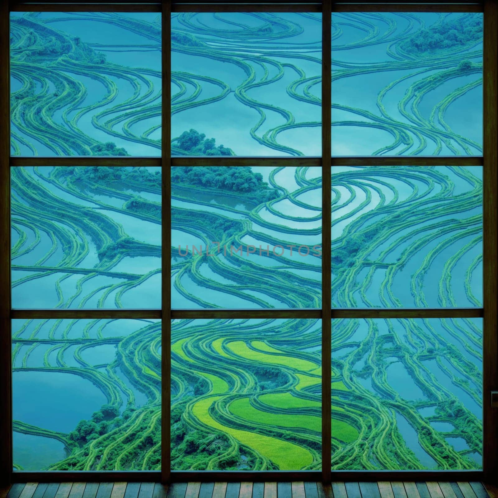 Rice terraces and blue sky reflected in the window of a room. AI generated