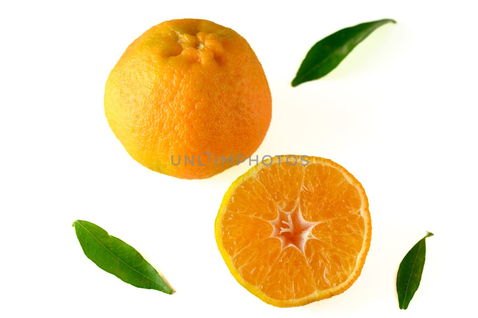 fresh appetizing half tangerine and whole tangerine on a white background 2