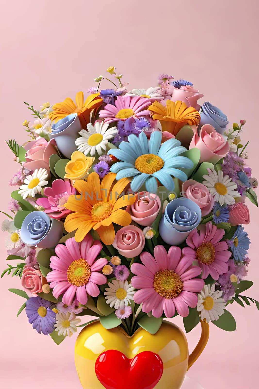 Colorful bouquet of flowers in a vase on background.Bouquet of colorful flowers in a vase with a heart.Bouquet of colorful flowers with a heart on a background.Bouquet of colorful flowers with heart shaped frame on background.Valentines day card.