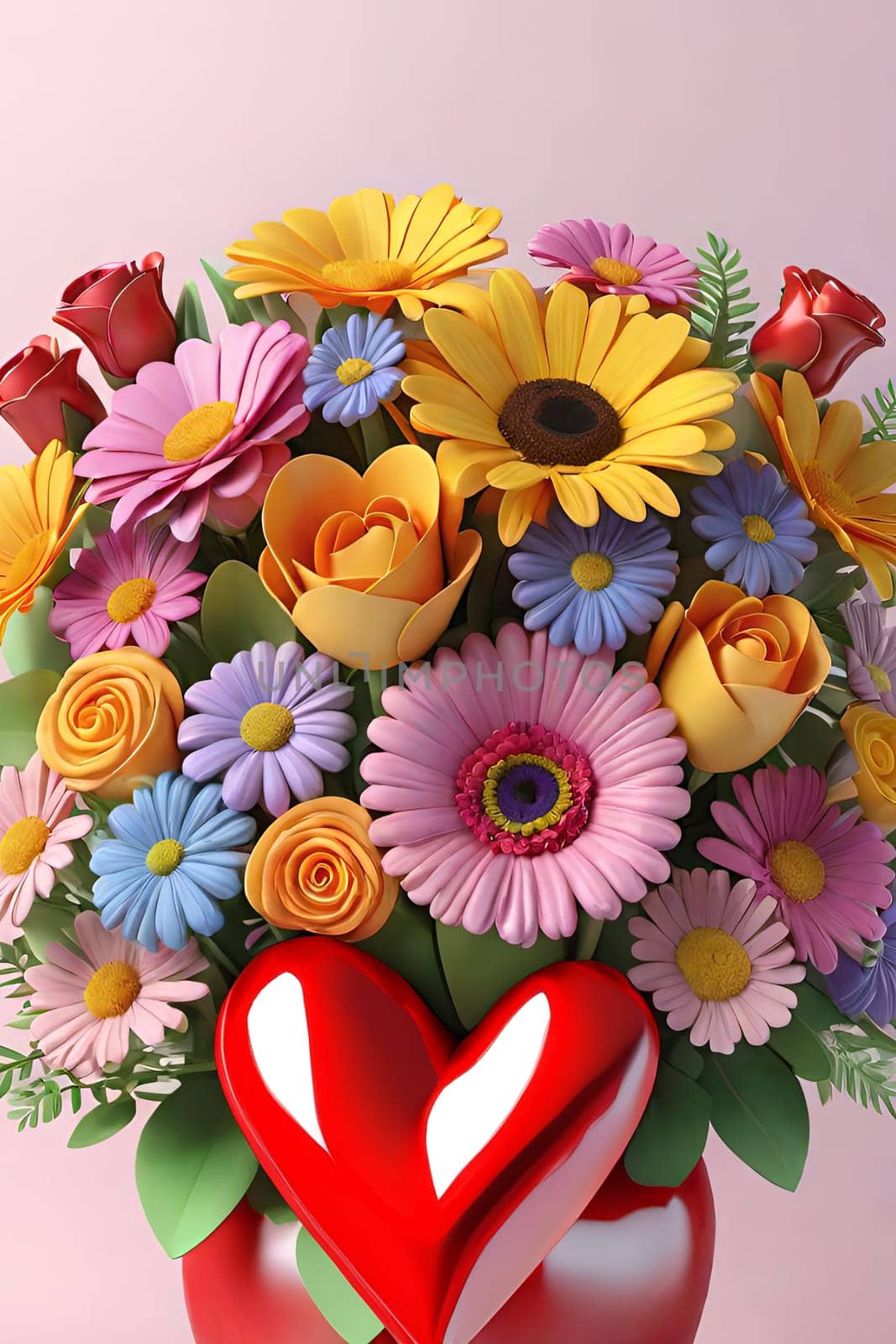 Colorful bouquet of flowers in a vase on background.Bouquet of colorful flowers in a vase with a heart.Bouquet of colorful flowers with a heart on a background.Bouquet of colorful flowers with heart shaped frame on background.Valentines day card.