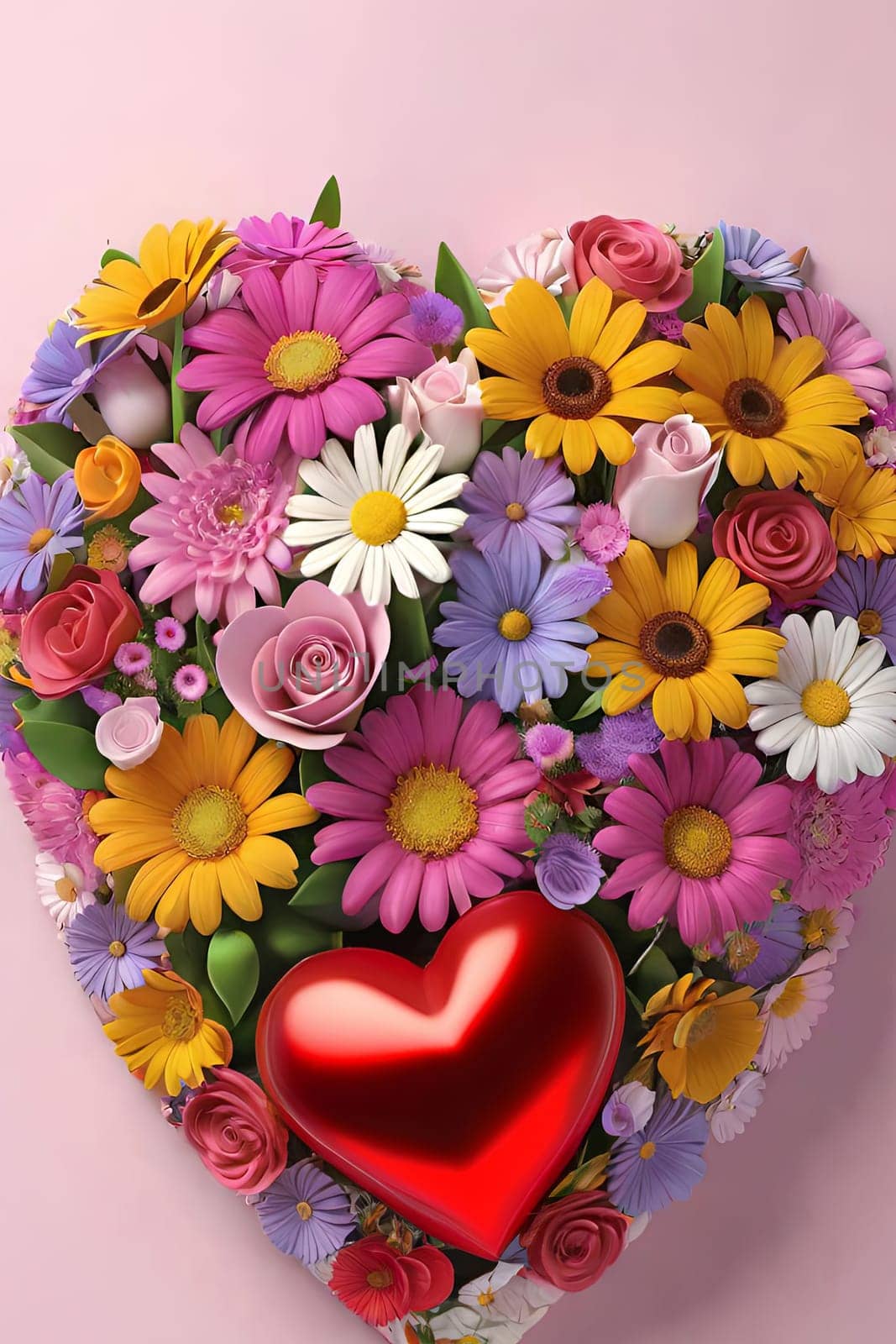 Colorful bouquet of flowers in a vase on background.Bouquet of colorful flowers in a vase with a heart.Bouquet of colorful flowers with a heart on a background.Bouquet of colorful flowers with heart shaped frame on background.Valentines day card.