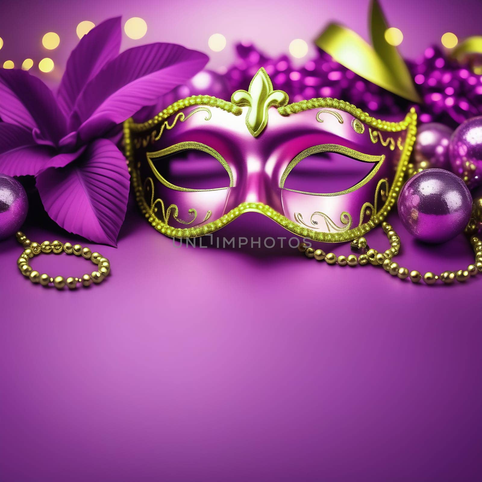 Close-up of the carnival mask and beads for the festive Mardi Gras masquerade on a purple background. A Fat Tuesday carnival with a traditional decor a place for text at the bottom.