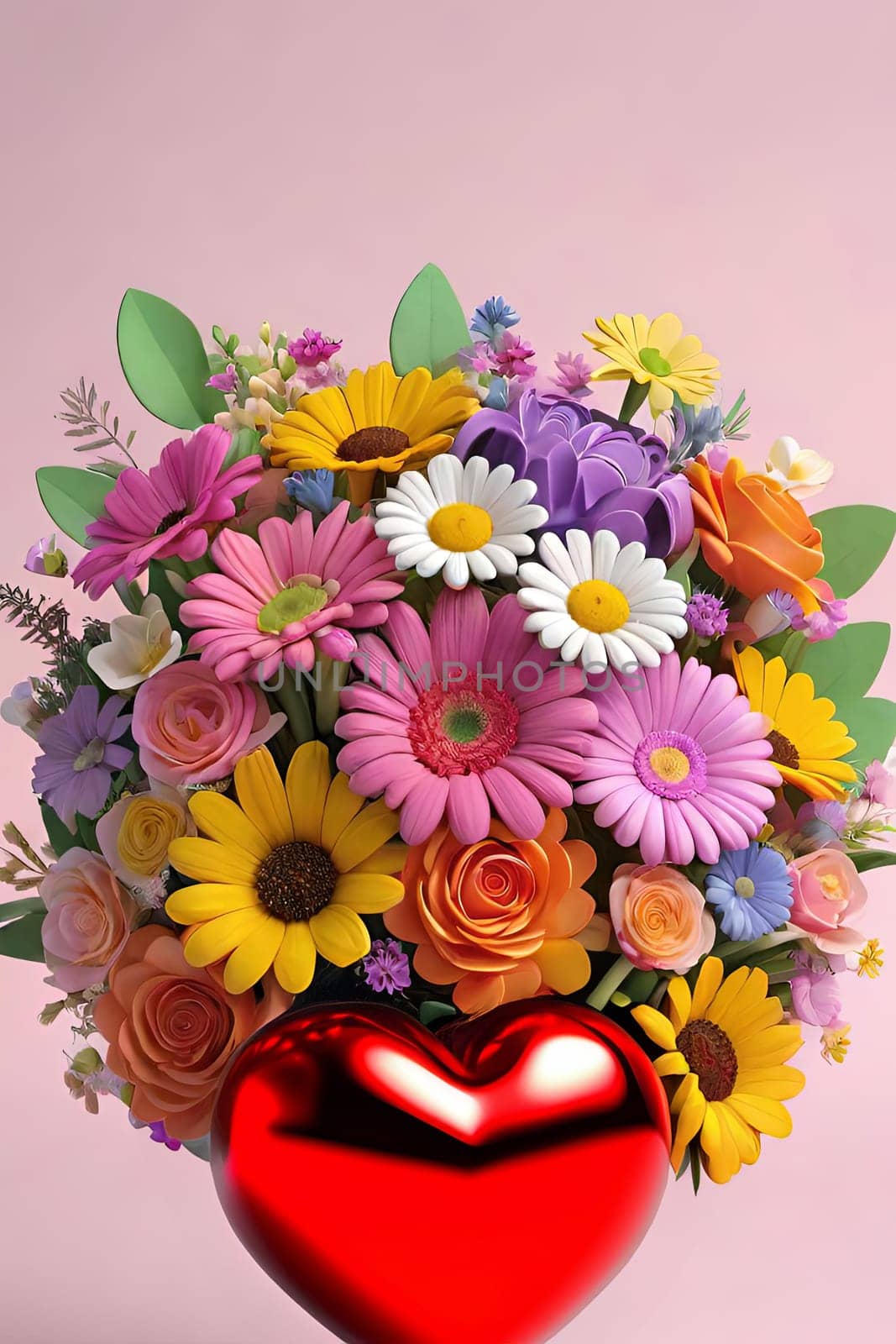 Colorful bouquet of flowers in a vase on background.Bouquet of colorful flowers in a vase with a heart.Bouquet of colorful flowers with a heart on a background.Bouquet of colorful flowers with heart shaped frame on background.Valentines day card.