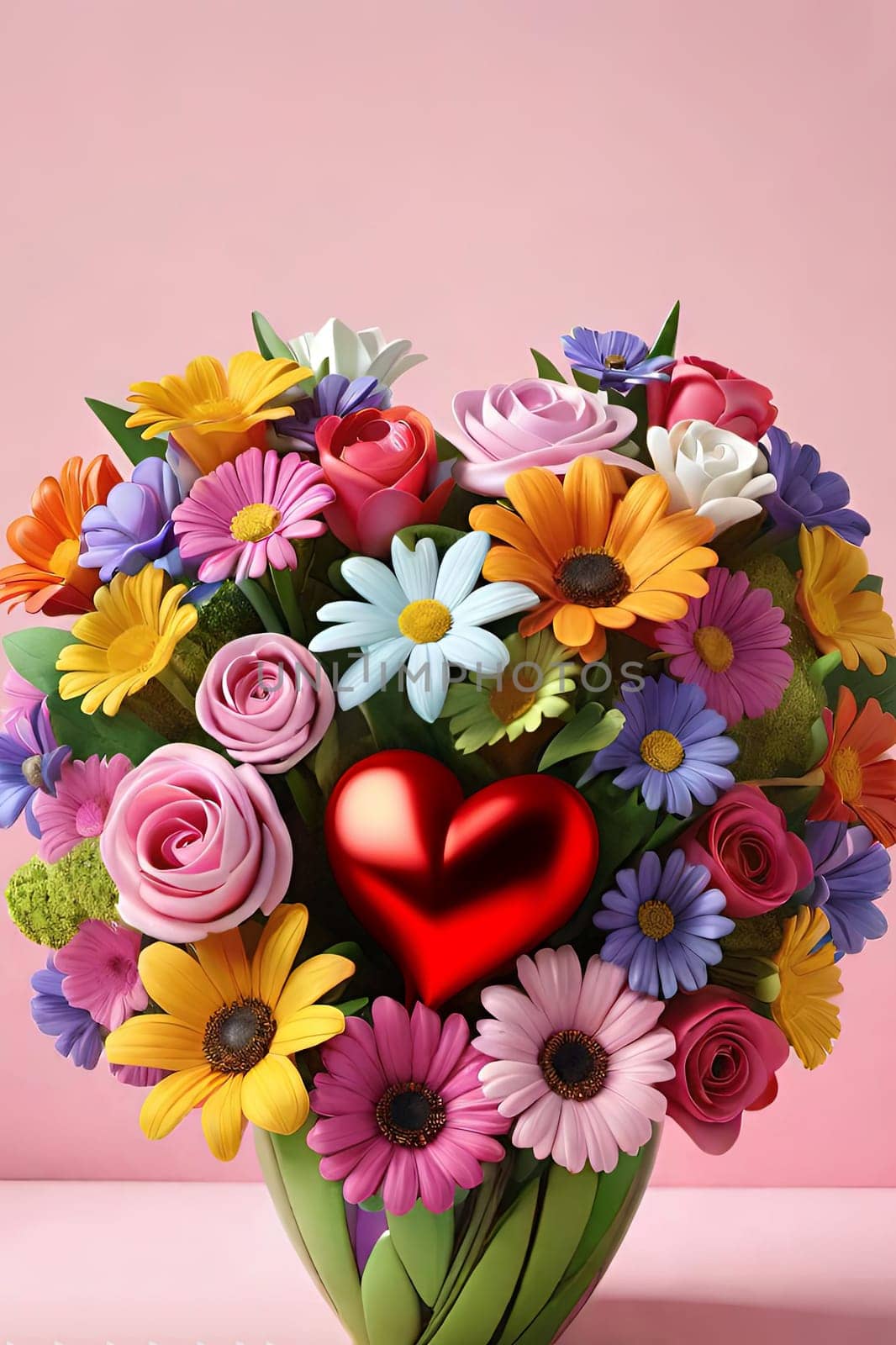 Colorful bouquet of flowers in a vase on background.Bouquet of colorful flowers in a vase with a heart.Bouquet of colorful flowers with a heart on a background.Bouquet of colorful flowers with heart shaped frame on background.Valentines day card.