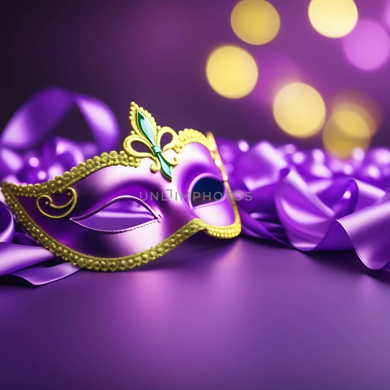 Close-up of the carnival mask and beads for the festive Mardi Gras masquerade on a purple background. A Fat Tuesday carnival with a traditional decor a place for text at the bottom by claire_lucia