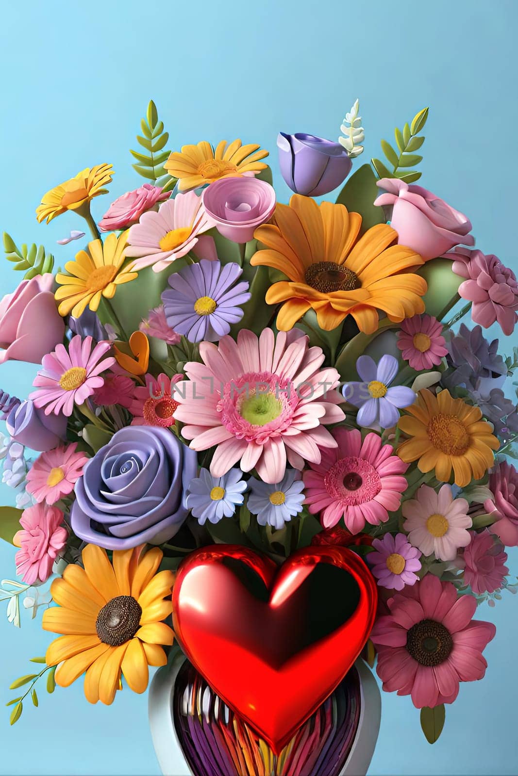 Colorful bouquet of flowers in a vase on background.Bouquet of colorful flowers in a vase with a heart.Bouquet of colorful flowers with a heart on a background.Bouquet of colorful flowers with heart shaped frame on background.Valentines day card.