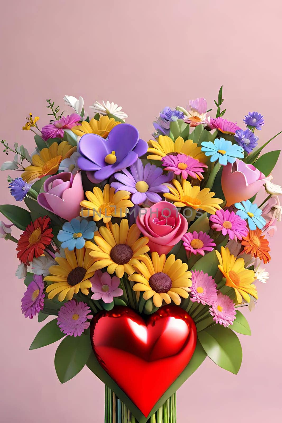 Colorful bouquet of flowers in a vase on background.Bouquet of colorful flowers in a vase with a heart.Bouquet of colorful flowers with a heart on a background.Bouquet of colorful flowers with heart shaped frame on background.Valentines day card.