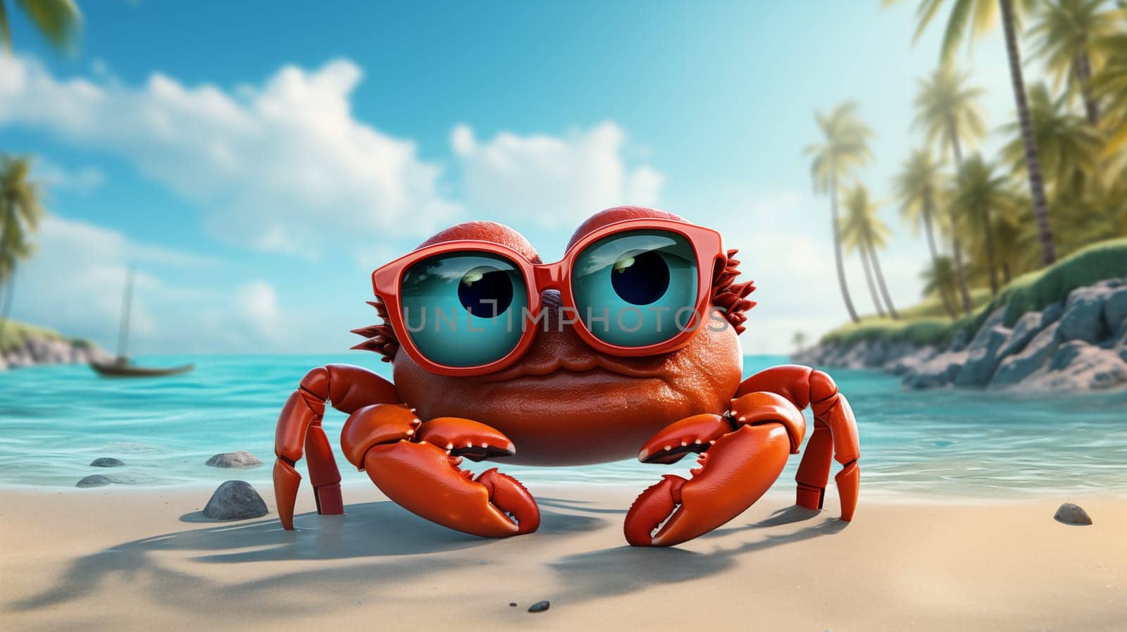 charming red cartoon crab with big expressive eyes donning oversized glasses on a sandy tropical beach.