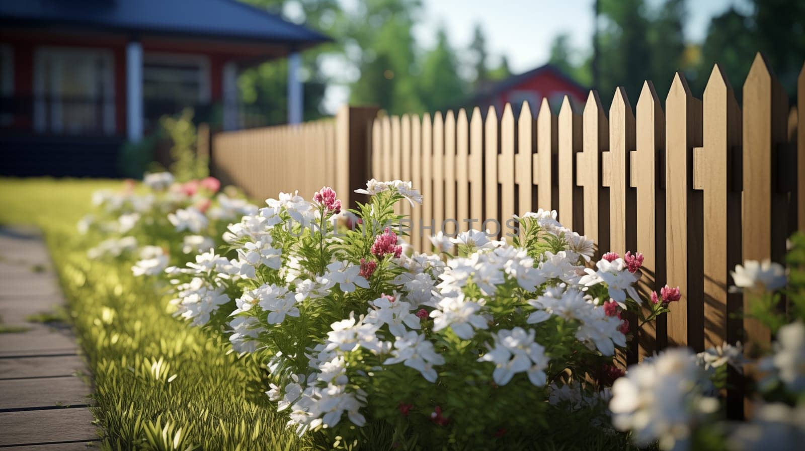 White and pink flowers blooming along a wooden picket fence in a suburban setting with a house in the background.