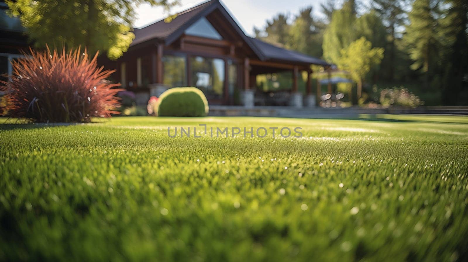 A foreground focus on a dew-kissed, well-trimmed lawn with a luxurious home softly blurred in the background, bathed in the warm glow of the setting sun.