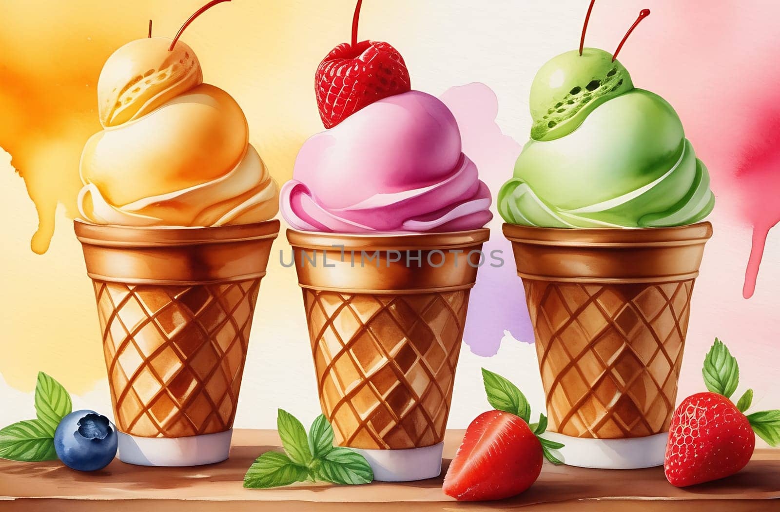Three cups of various soft ice cream are on the table, watercolor style.