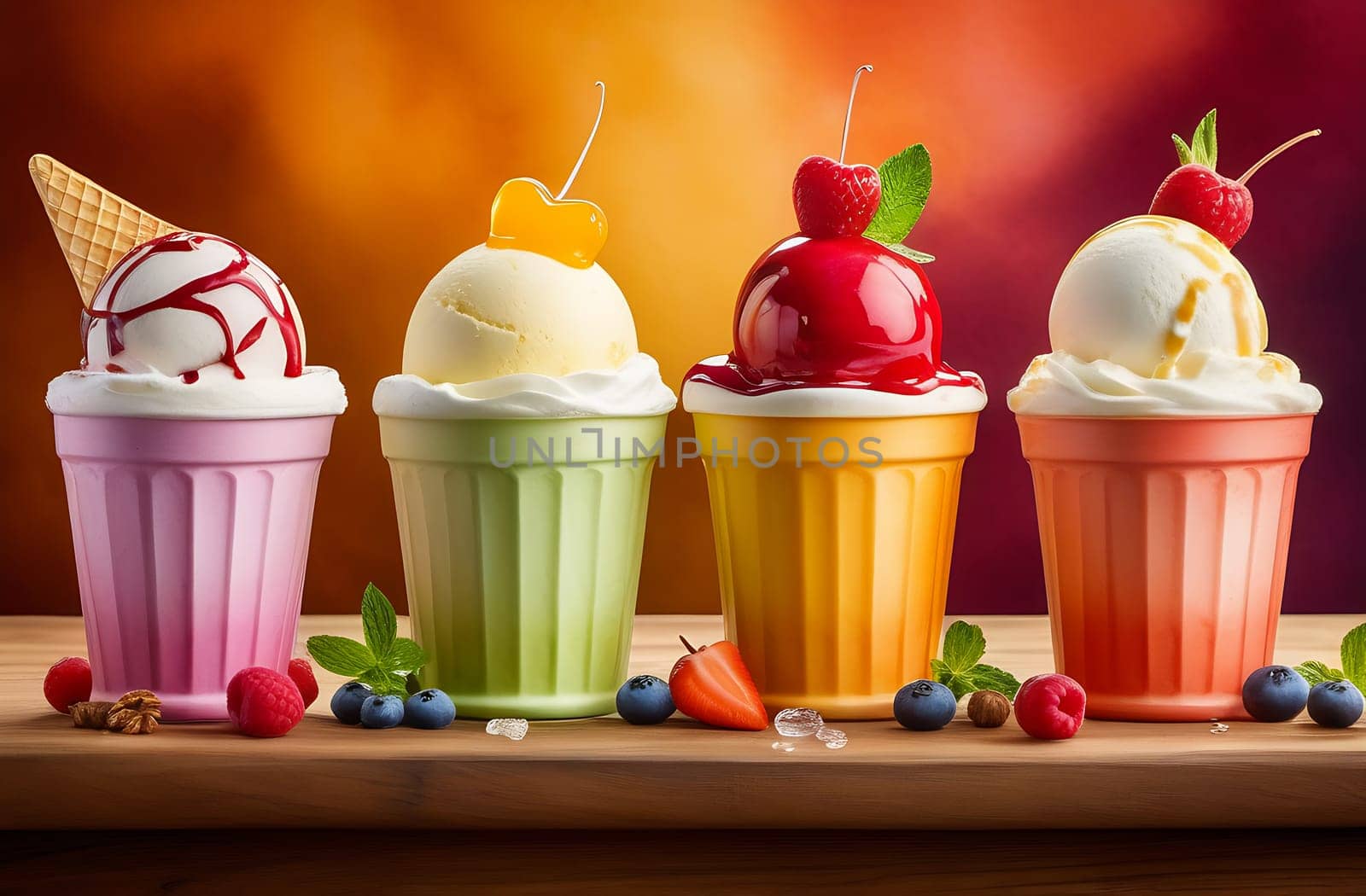 Four cups with various soft ice cream are on the table, delicious ice cream in paper cups packaging templates collection of layouts by claire_lucia