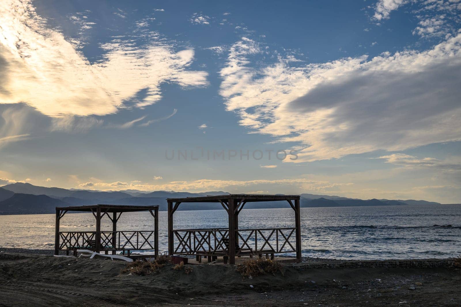 beach gazebo with sun loungers on the Mediterranean beach 3 by Mixa74