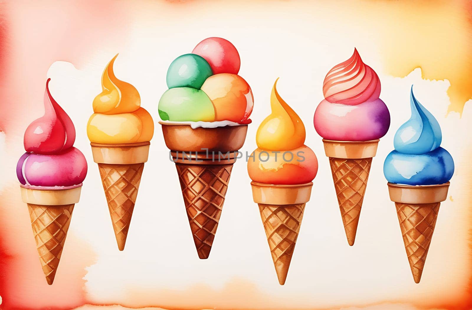 A set of watercolor waffle cones on a multicolored background by claire_lucia