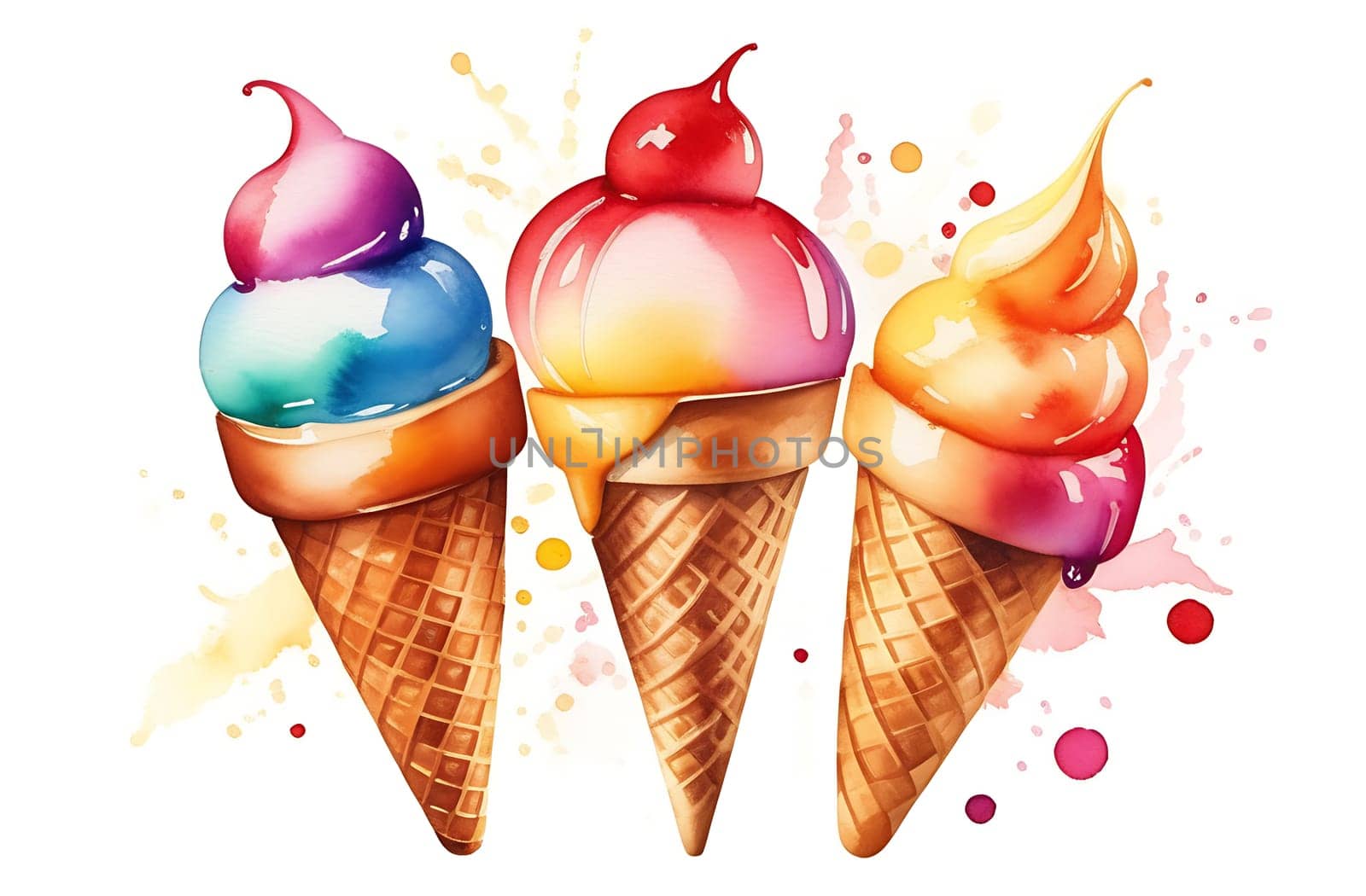 Three waffle cones on a multicolored watercolor background.