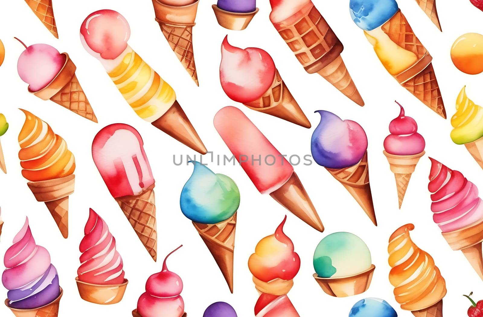A set of different ice cream balls in waffle cones, isolated on a white background, watercolor style by claire_lucia