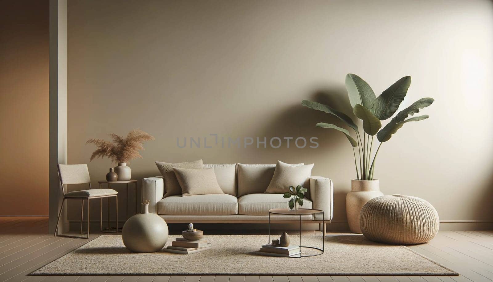 A minimalist home decor in a living room, featuring a beige sofa, side table, a leaf in a vase, a pouf, elegant accessories, and a boucle rug, all set. High quality photo