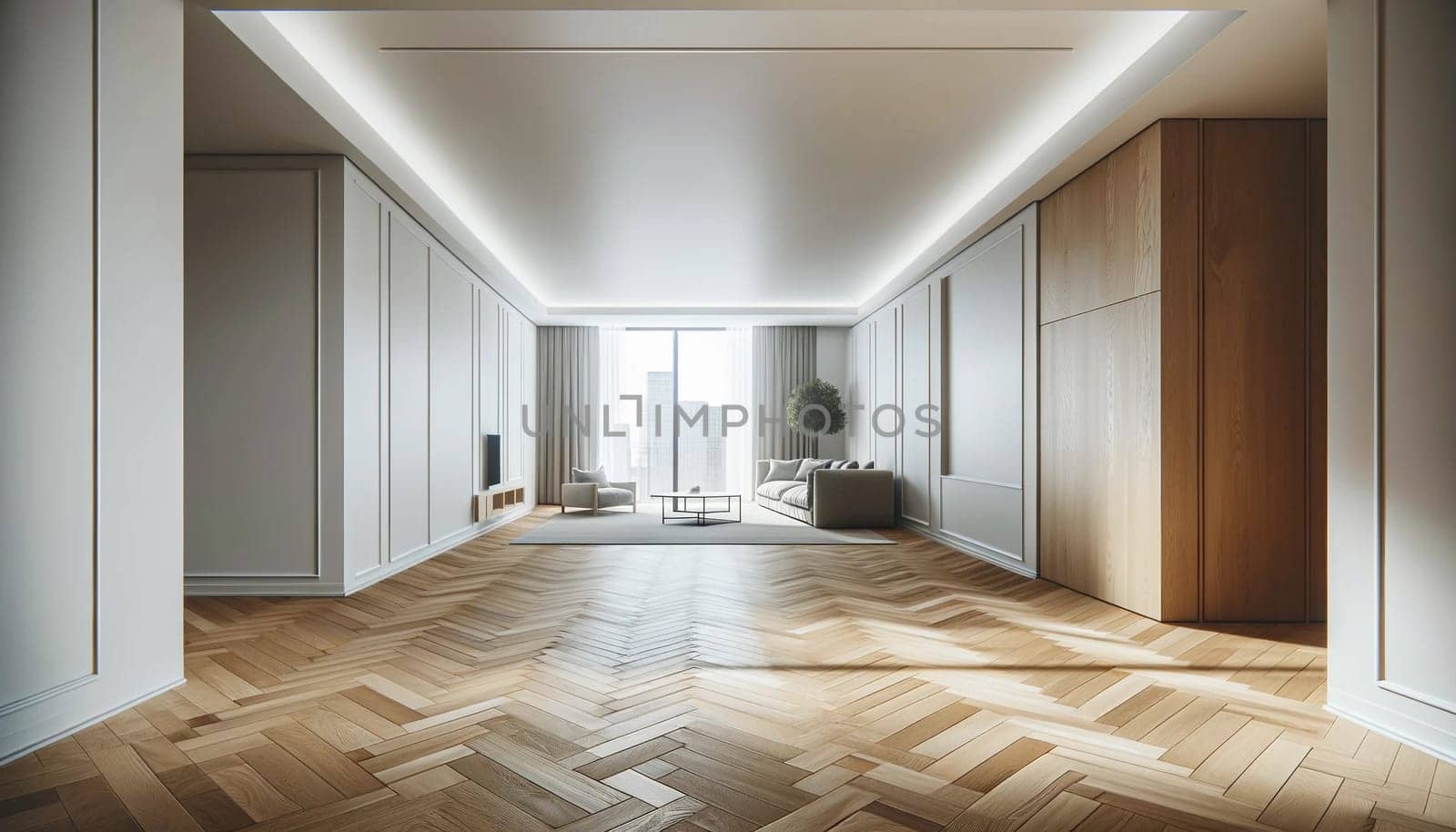an empty living room with a hardwood floor in a modern apartment. The scene should capture the clean. High quality photo