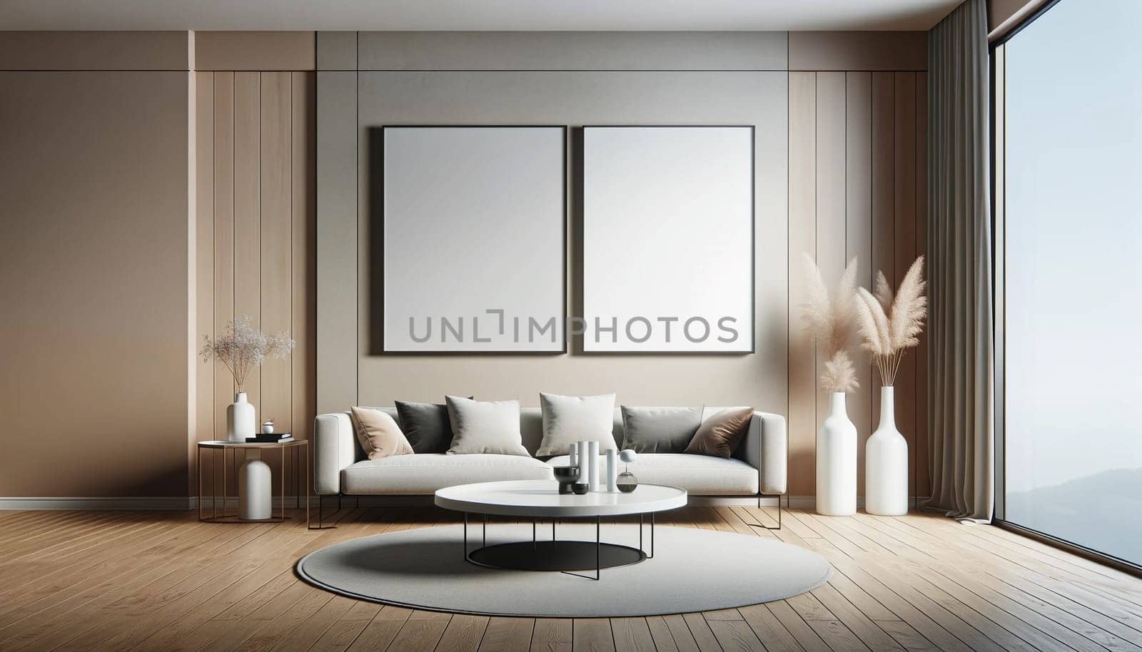 interior living room wall mockup. The scene should depict a stylish and contemporary living room setting. High quality photo