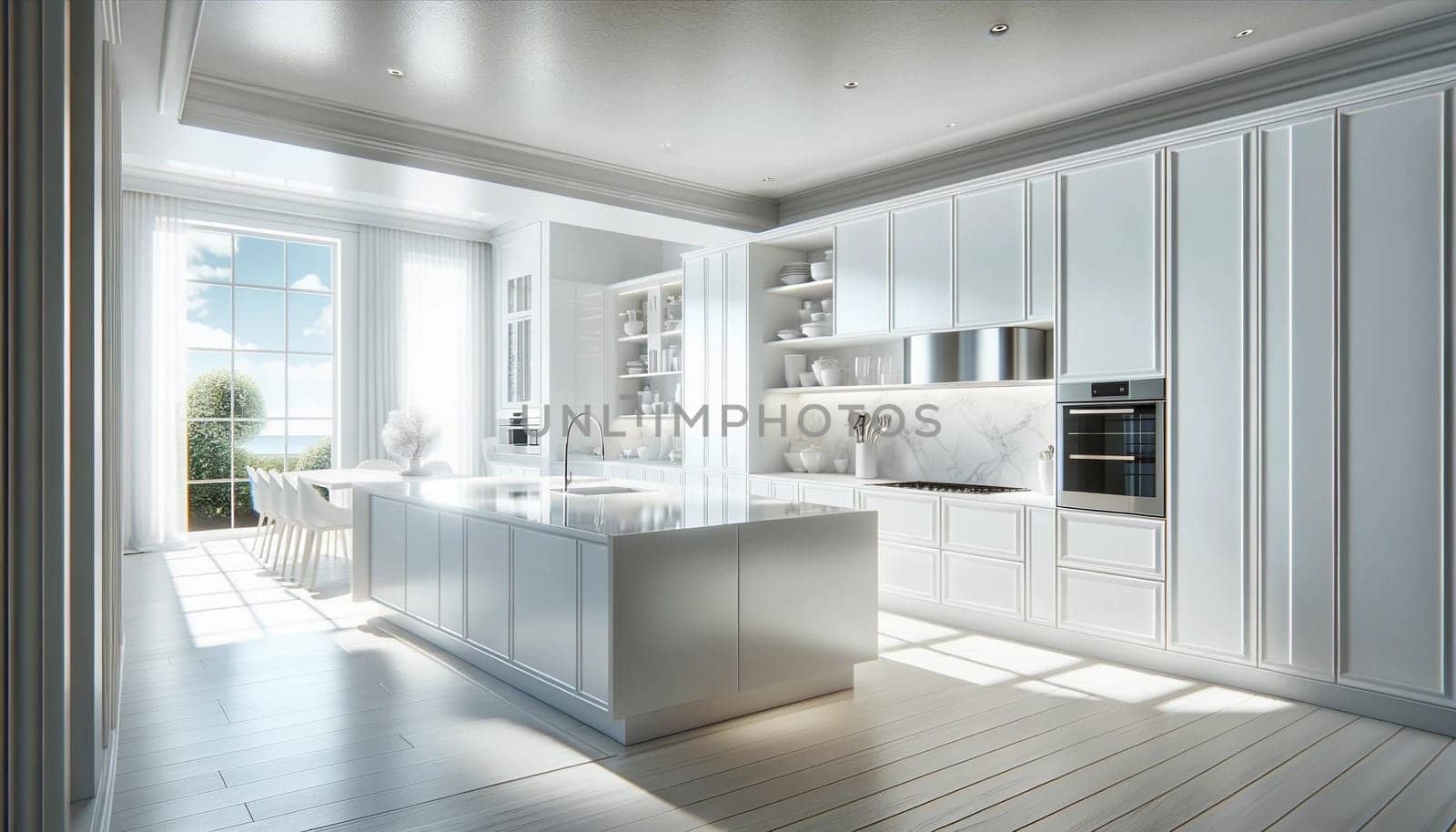 A bright, modern kitchen in a contemporary house, featuring an all-white color scheme. The kitchen boasts glossy white cabinets. High quality photo