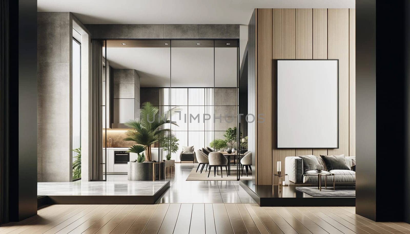 A wide-format image of a luxurious apartment background, featuring a mockup poster frame on the wall of a living room that seamlessly integrates. High quality photo