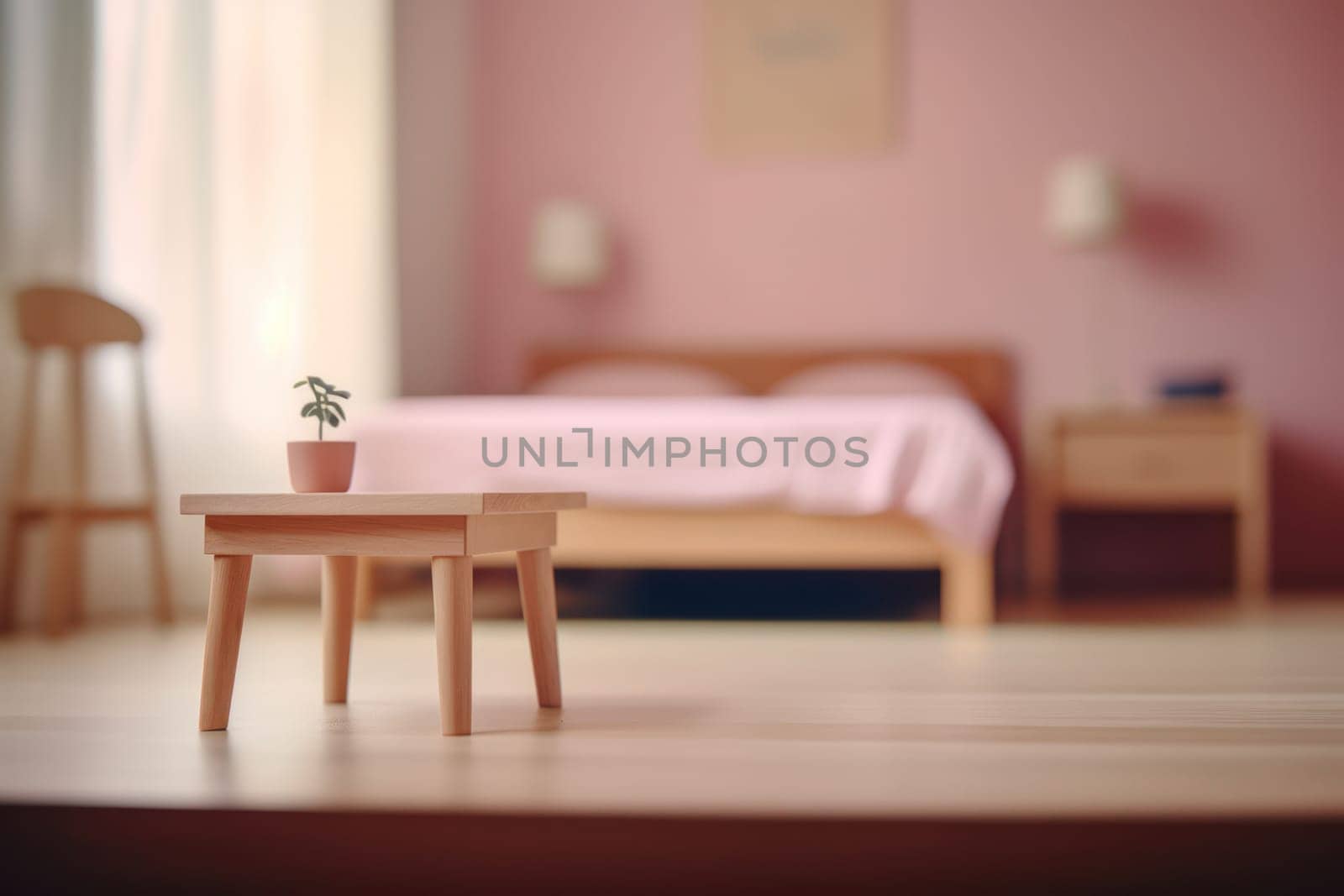 Modern White Bedroom Interior with Wooden Furniture and Blurred Background