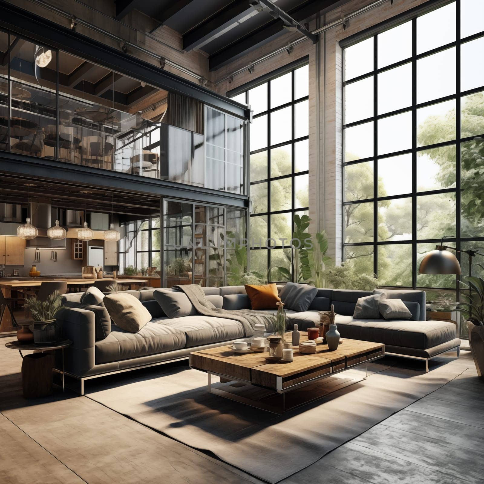 Living room loft in industrial style. High quality photo