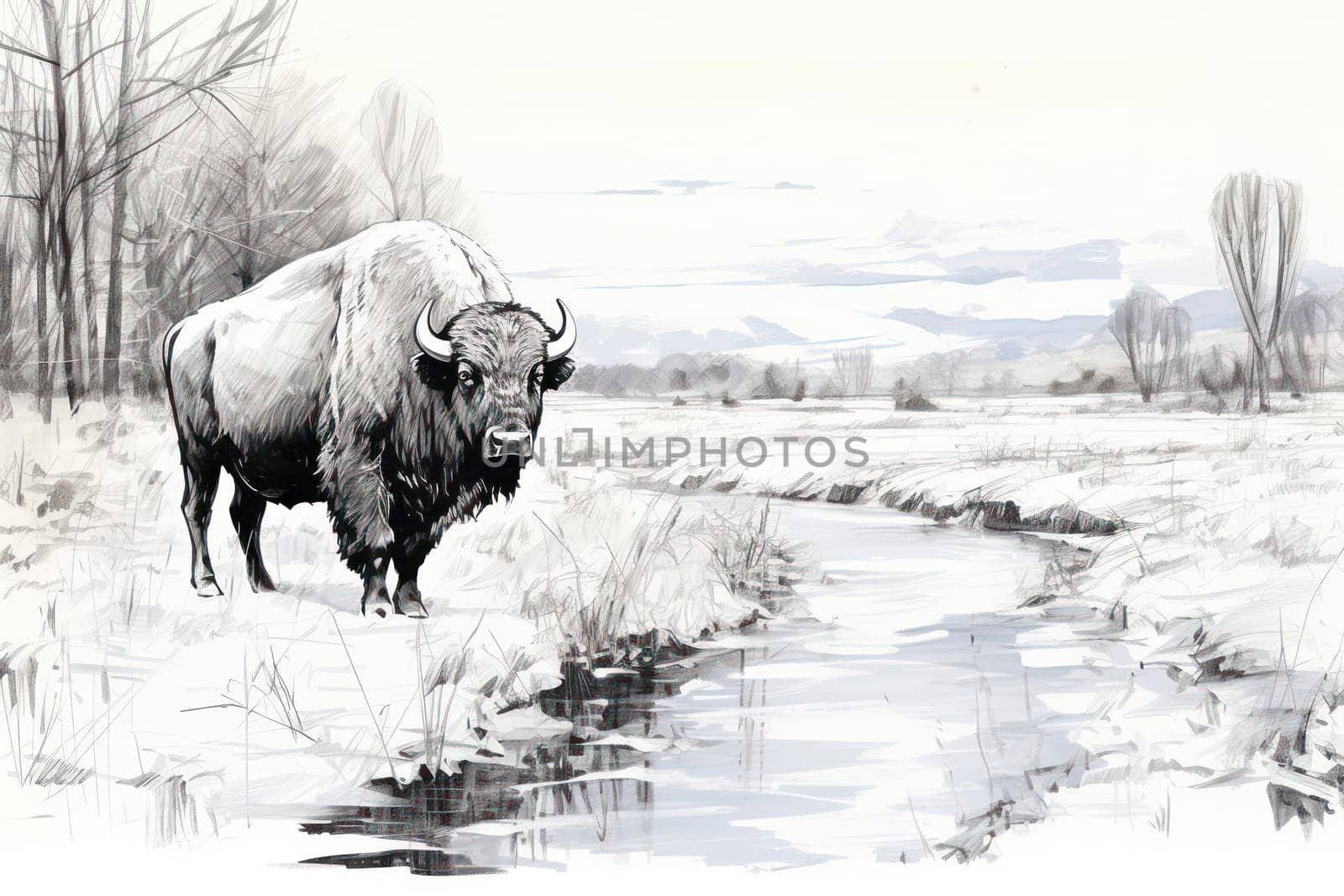 Wild Bison Grazing in the Winter Wonderland: Majestic Mammals Roaming the Snowy Plains of Yellowstone National Park, USA