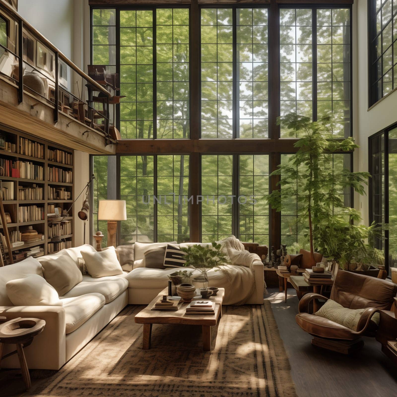 Living room with many windows . High quality photo