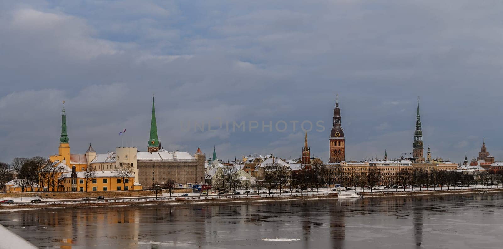 panorama of old Riga across the Daugava river in winter 2022
